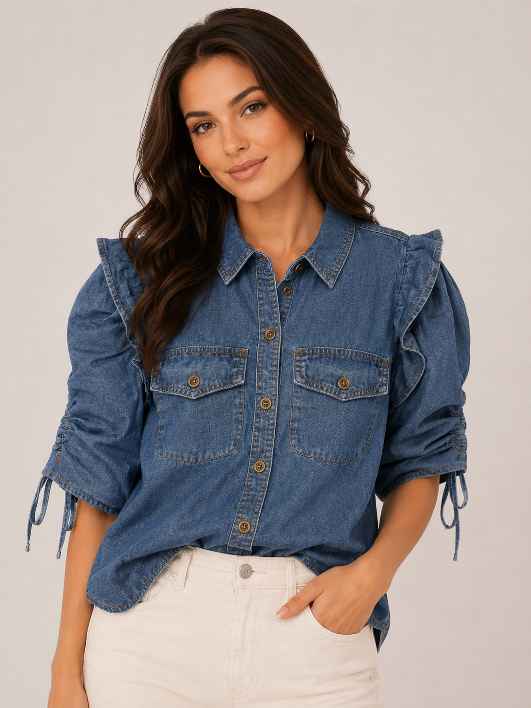 Denim Button Front Balloon Sleeve Top