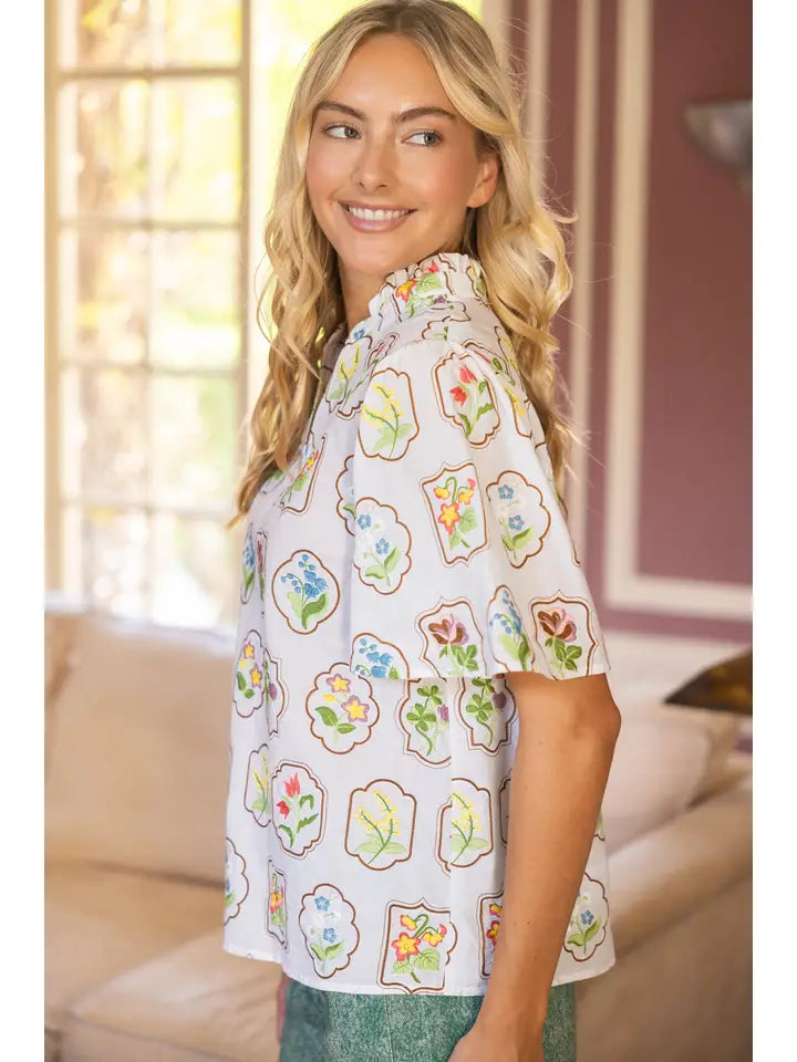 White Framed Floral Embroidered V-Neck Top