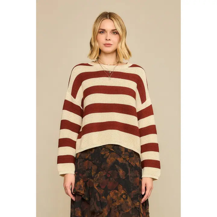 Rust Striped Light Knit Pullover Sweater