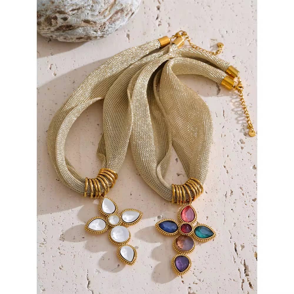 Gold Mesh Scarf with Colorful Cross