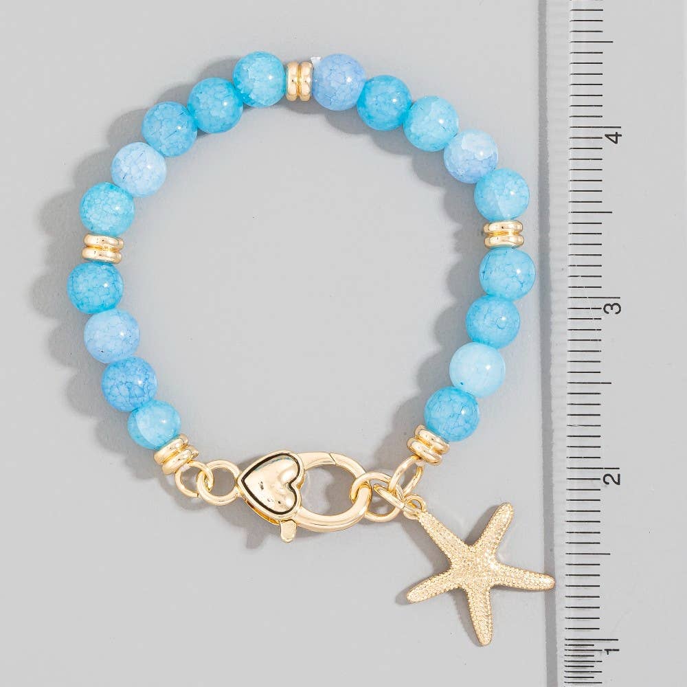 Blue Starfish Charm And Heart Clasp Glass Beaded Bracelet