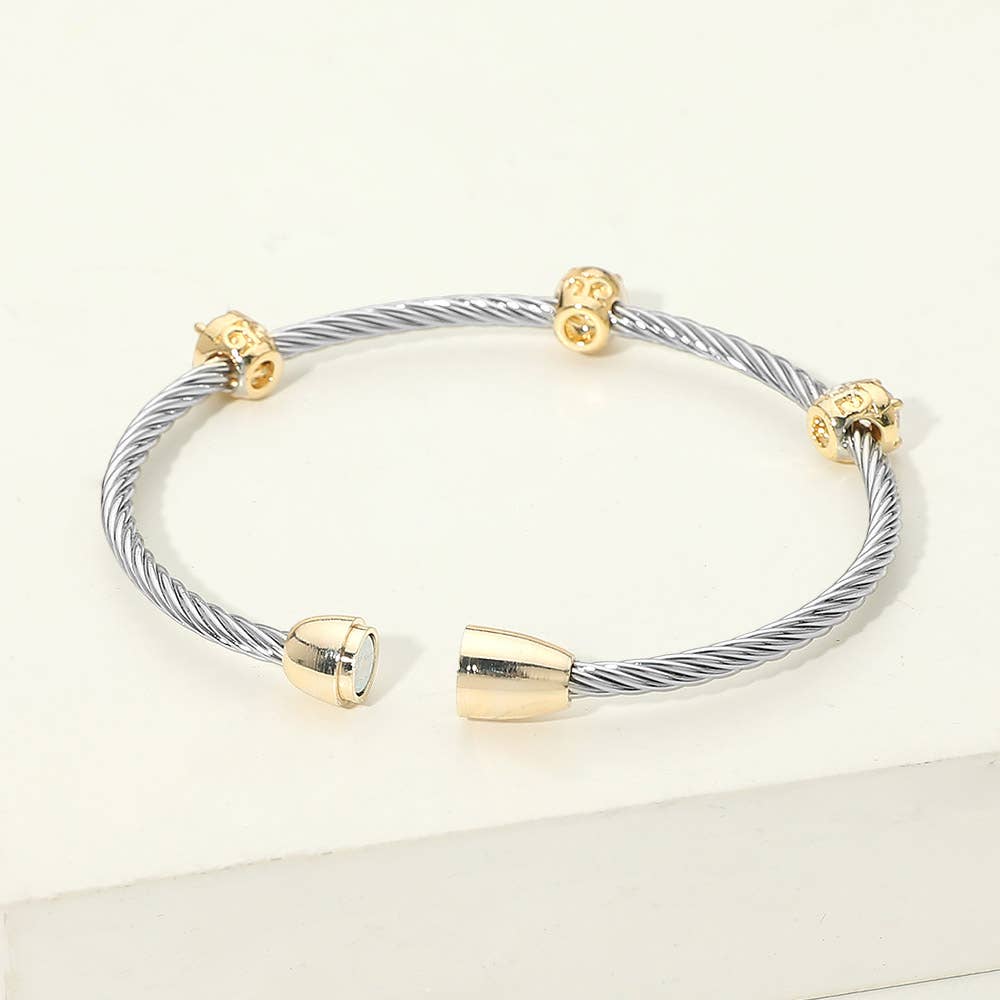 14K Gold Plated Triple CZ Bezel Accent Twisted Cable Magnetic Bangle Bracelet