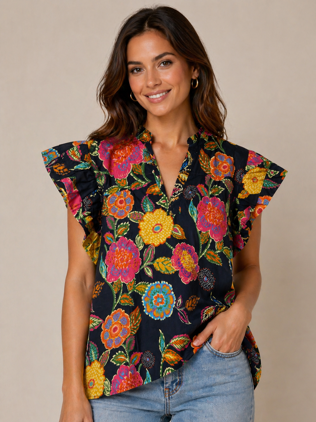 Navy Floral Ruffle Sleeve Top