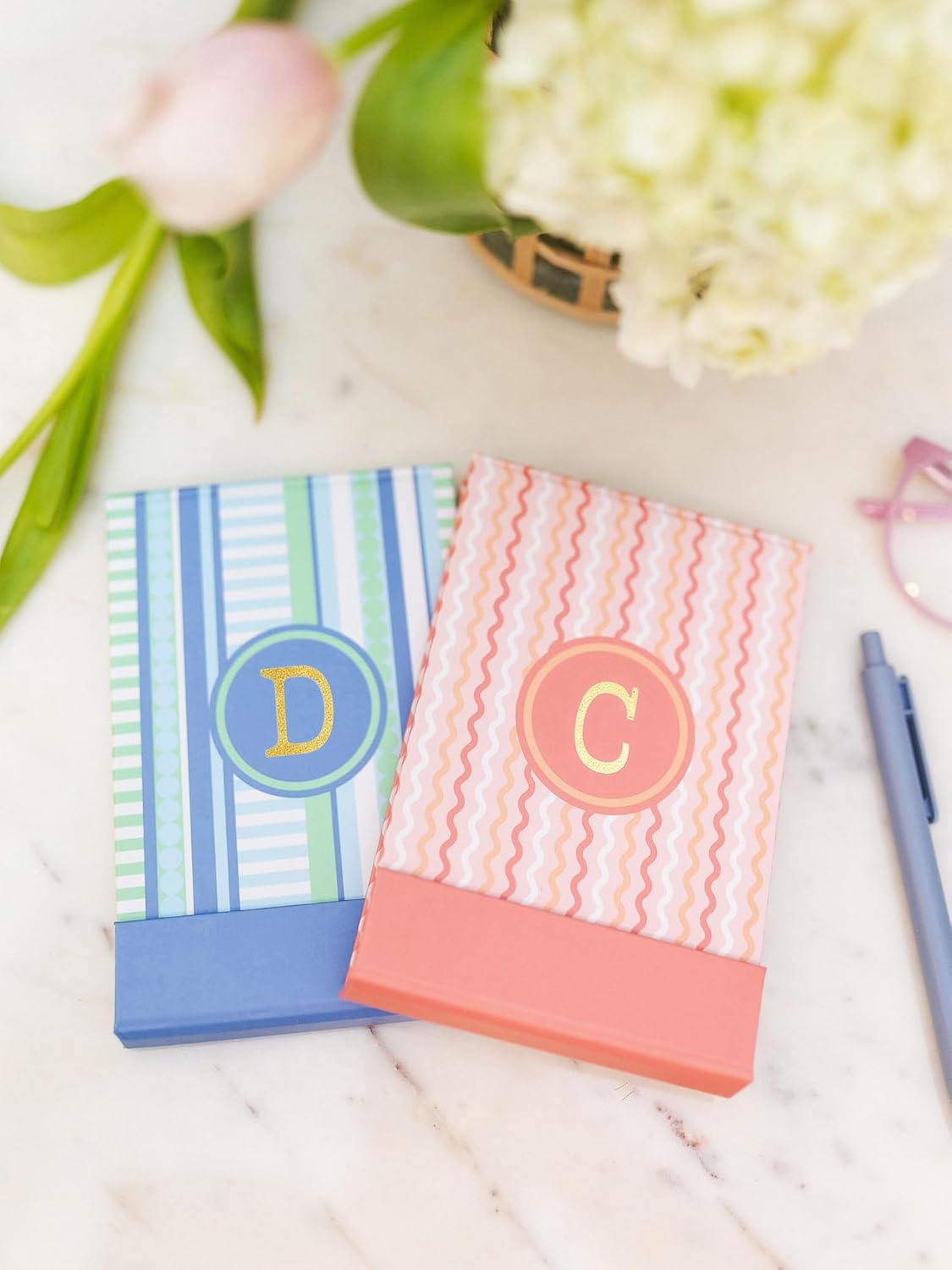 Mary Square Whimsical Waves Monogram Initial C - Pink and White Flip Notepad