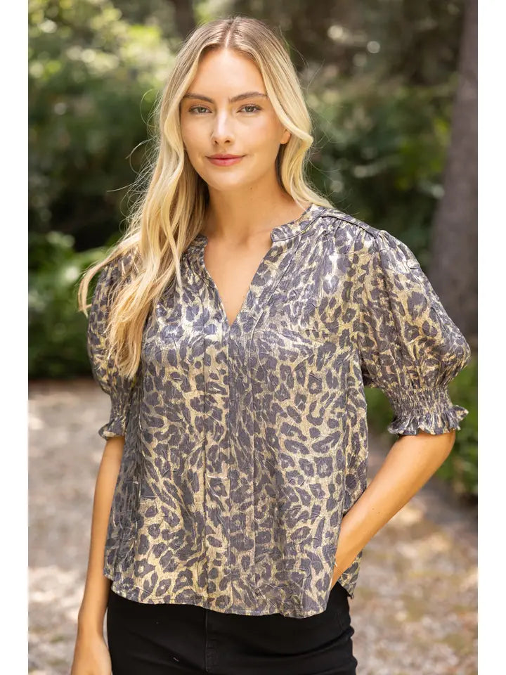 Smocked Short Sleeve V-Neck Animal Print Top