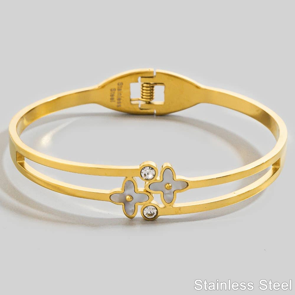 Stainless Steel Double Clover Hinged Bangle Bracelet