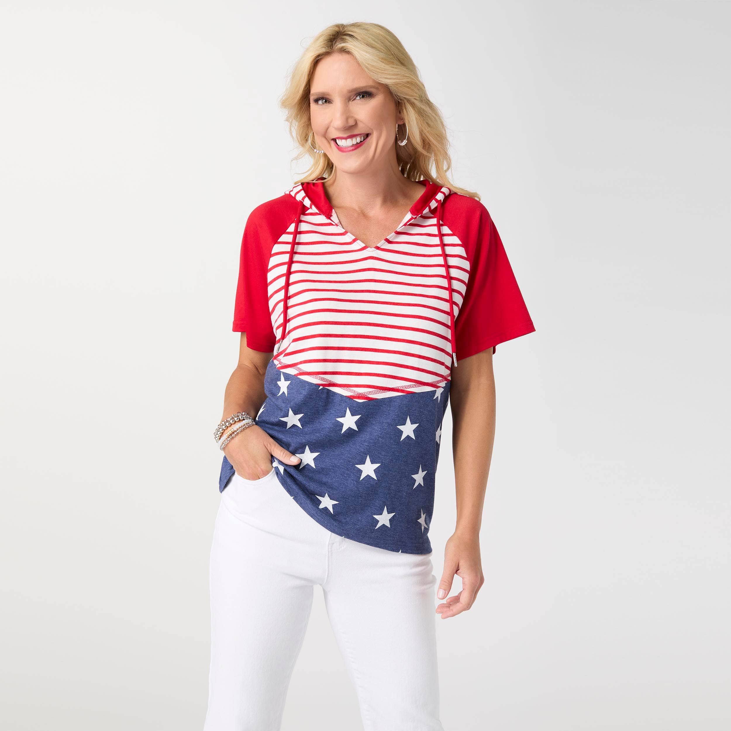 Brianna Hooded Tee with Stars & Stripes