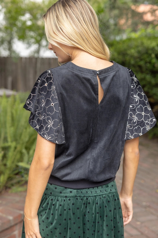 Black Floral Embroidered Wing Sleeve Corduroy Top