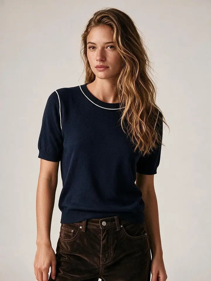 Navy Fine Knit Contrast Piping Short Sleeve Crew Neck Sweater