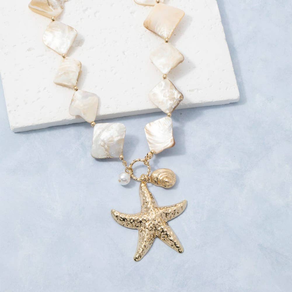 Gold Starfish & Pearl Drop Square Stone Necklace