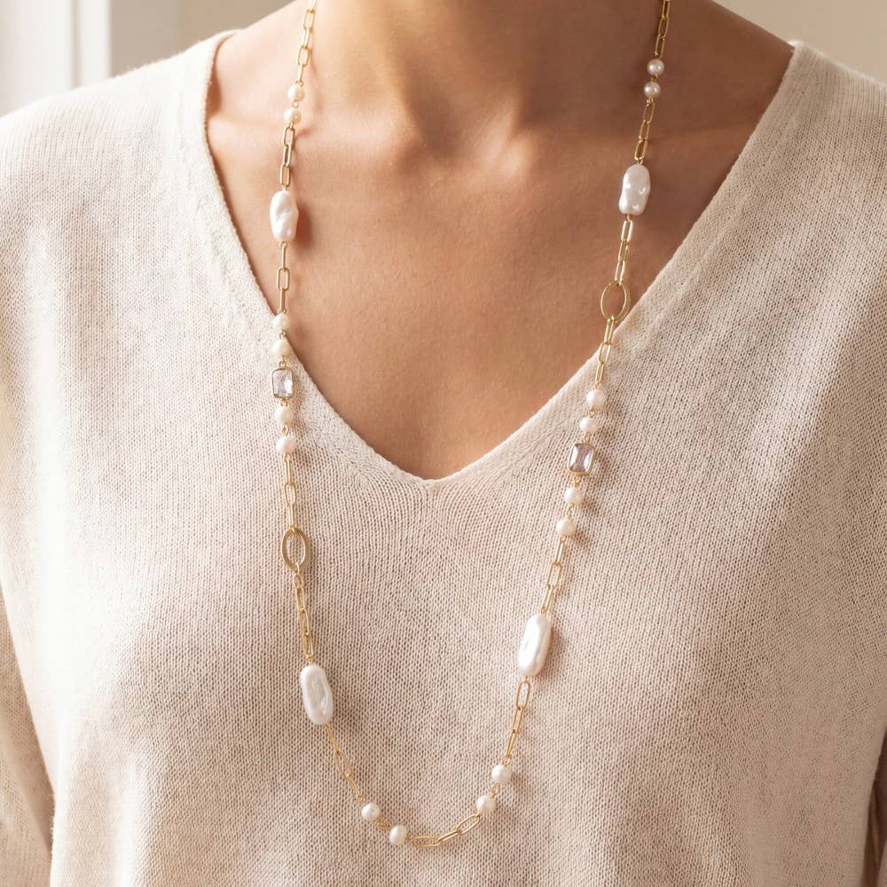 Pearl Station Long Paperclip Necklace