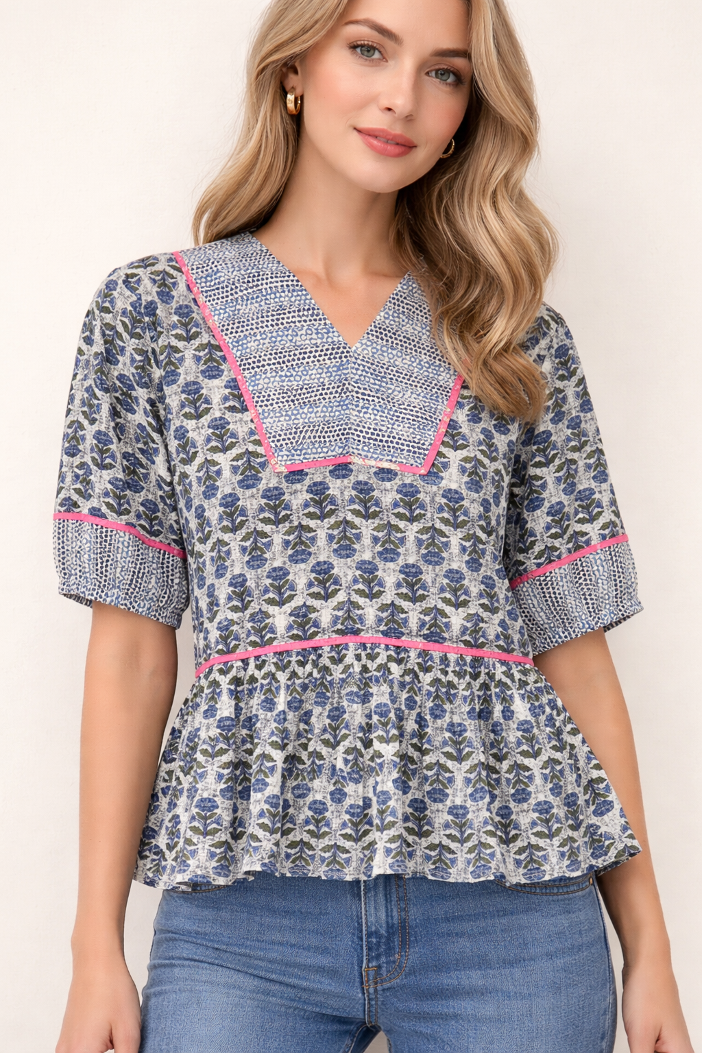 Navy Flower Print Balloon Sleeve Top