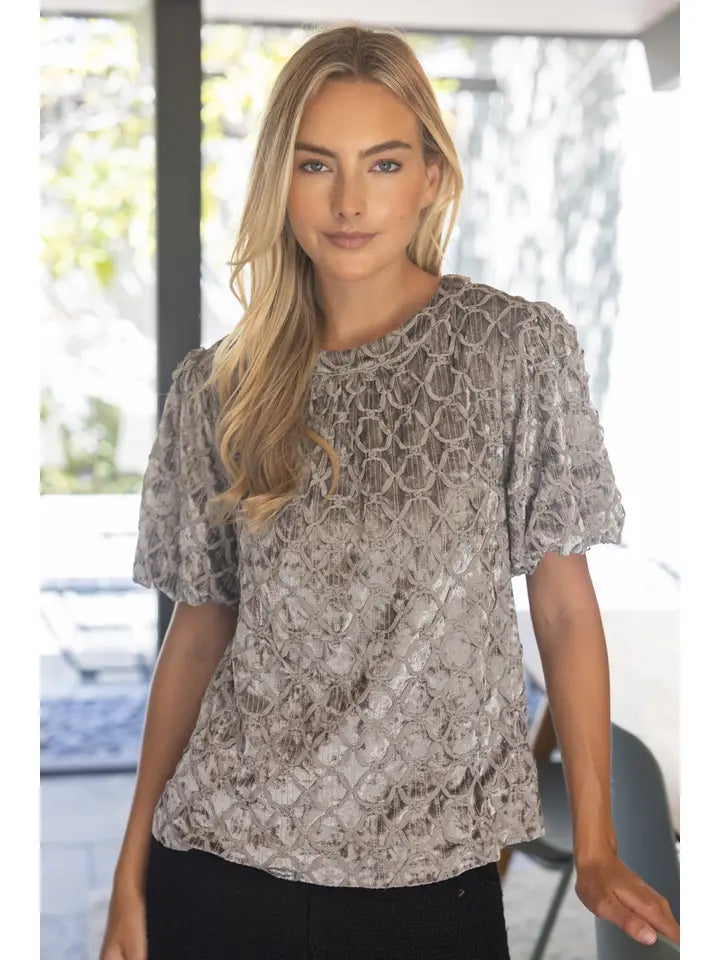 Trellis Trimmed Crushed Velvet Bubble Sleeve Top