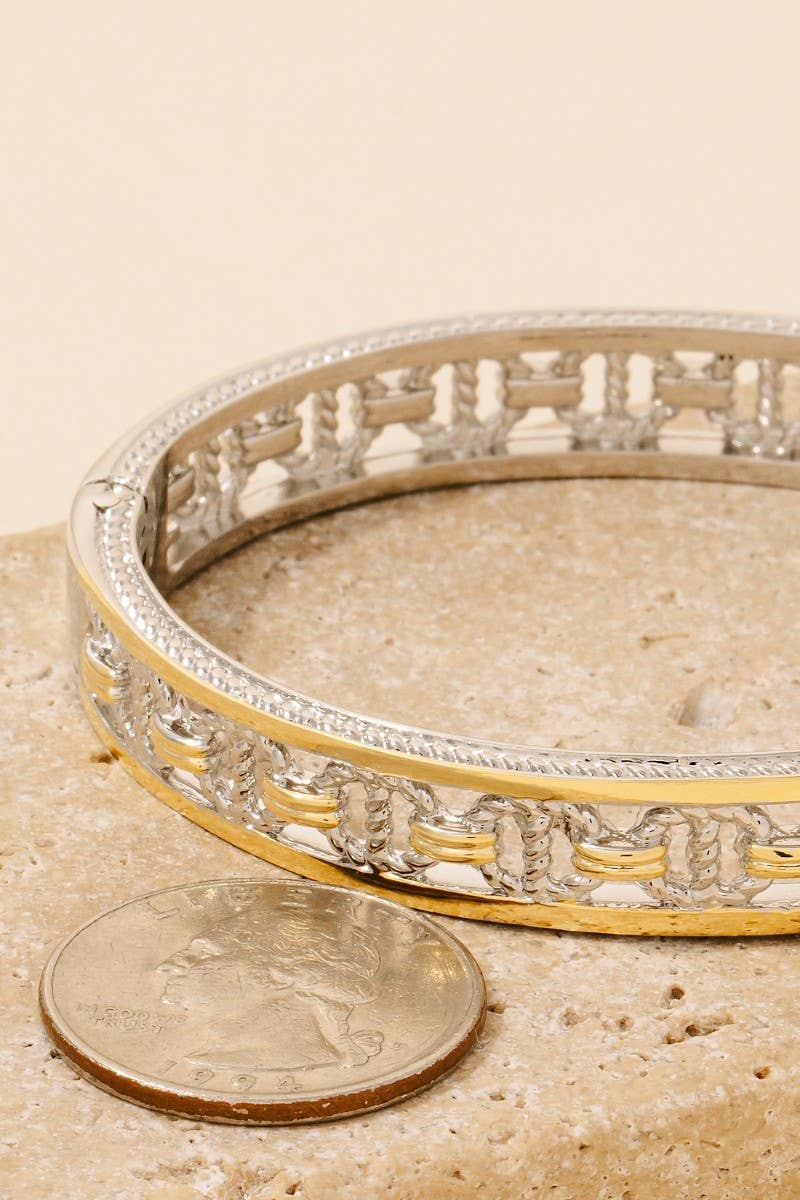 Gold Plated 2 Tone Clover Hinge Bangle Bracelet