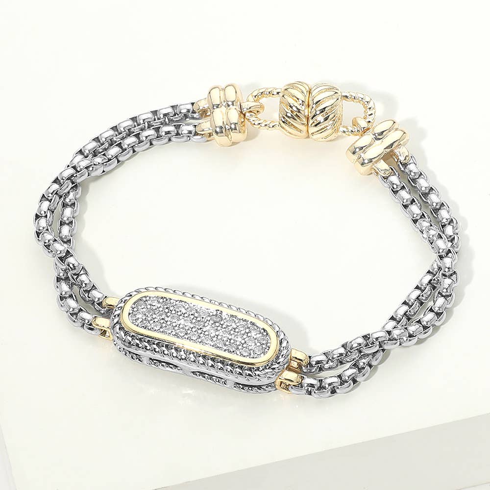 14K Gold Plated Two Tone CZ Pave Oval Bar Accent Layered Magnetic Bracelet