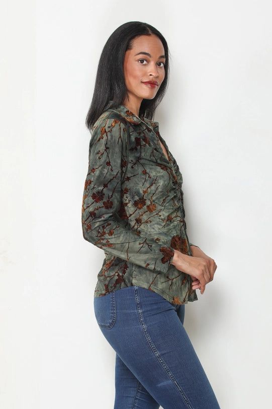 Olive Flocked Ity Button Front Ruched Shirt