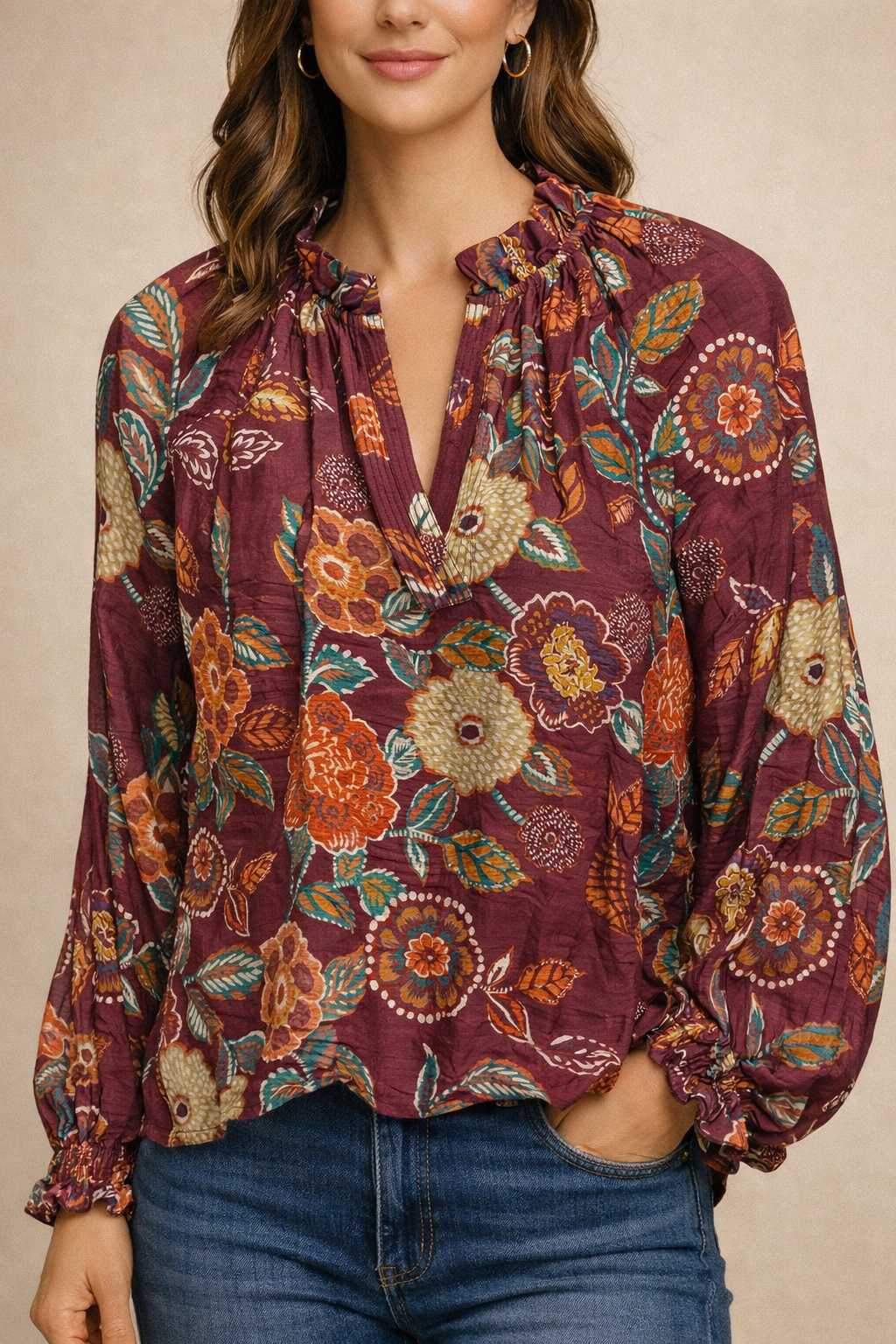 Long Sleeve Floral Vneck Top - Orange