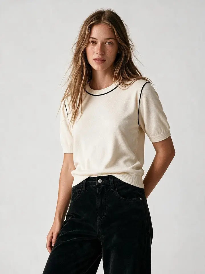 Cream Fine Knit Contrast Seam Regular Fit Short Sleeve Sweater