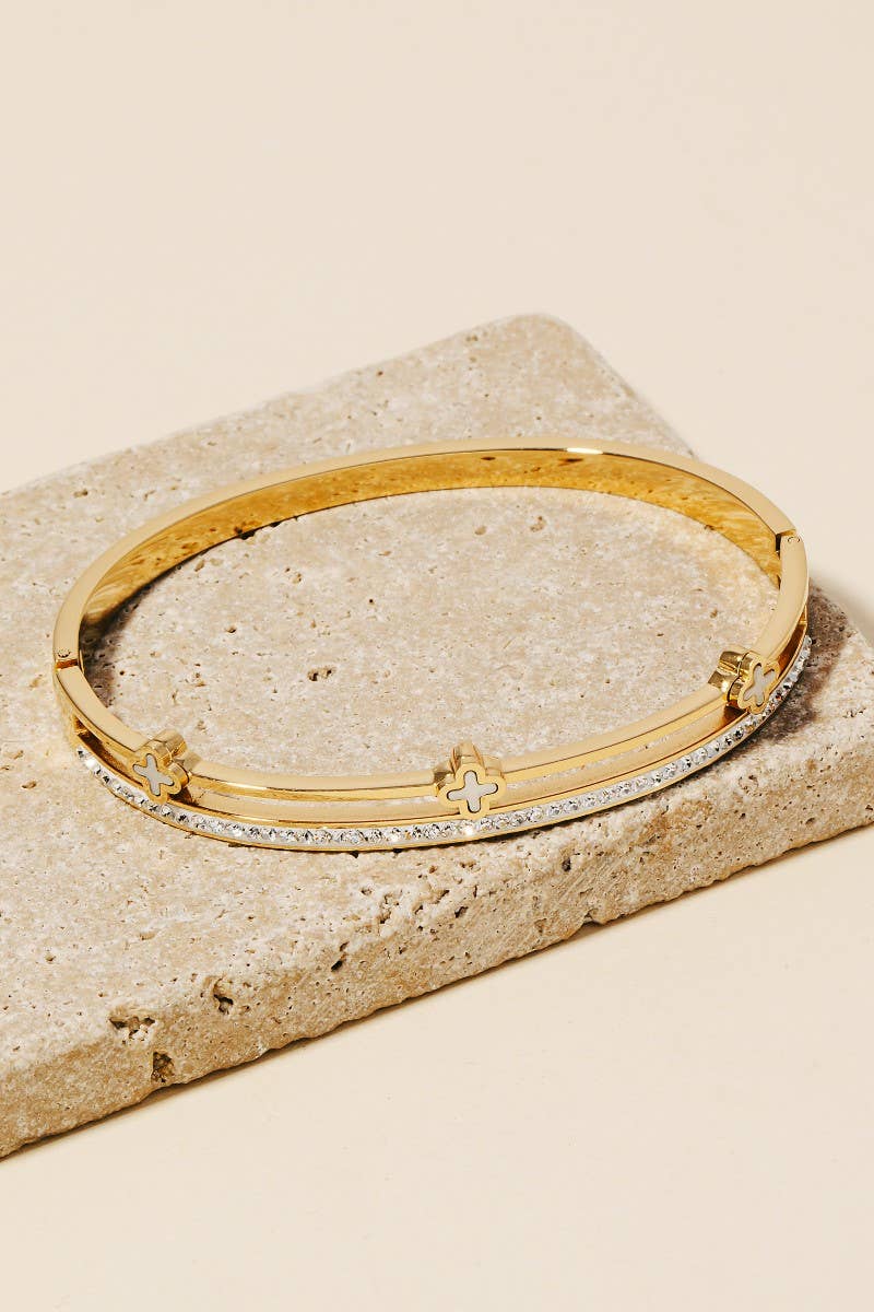 Stainless Steel Triple Clover And Pave Row Hinge Bangle Bracelet