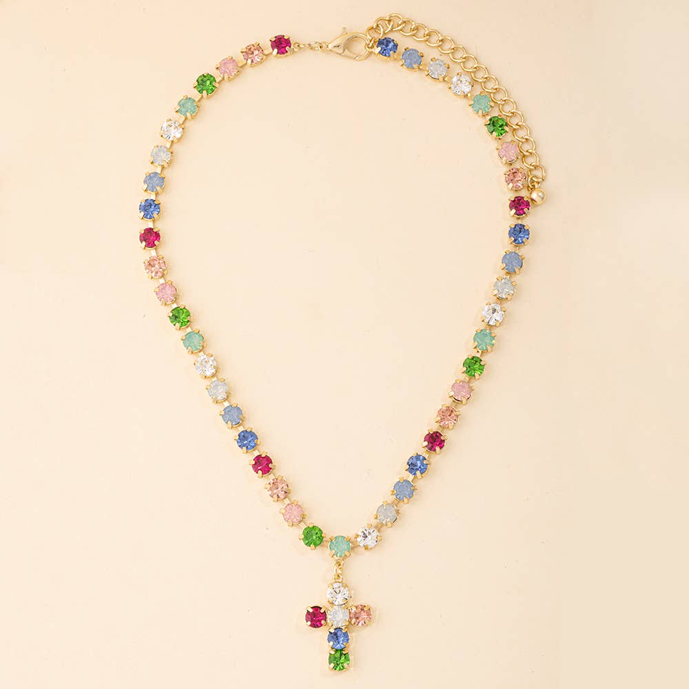 Multi Rhinestone Cup Chain Necklace With Cross Pendant