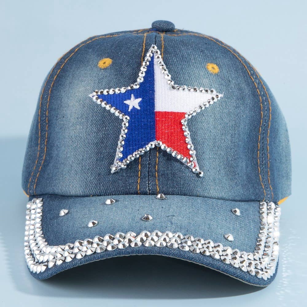 Texas Star Rhinestone Patch Baseball Cap With Crystal Brim