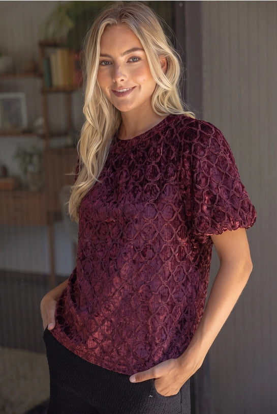Trellis Trimmed Crushed Velvet Bubble Sleeve Top