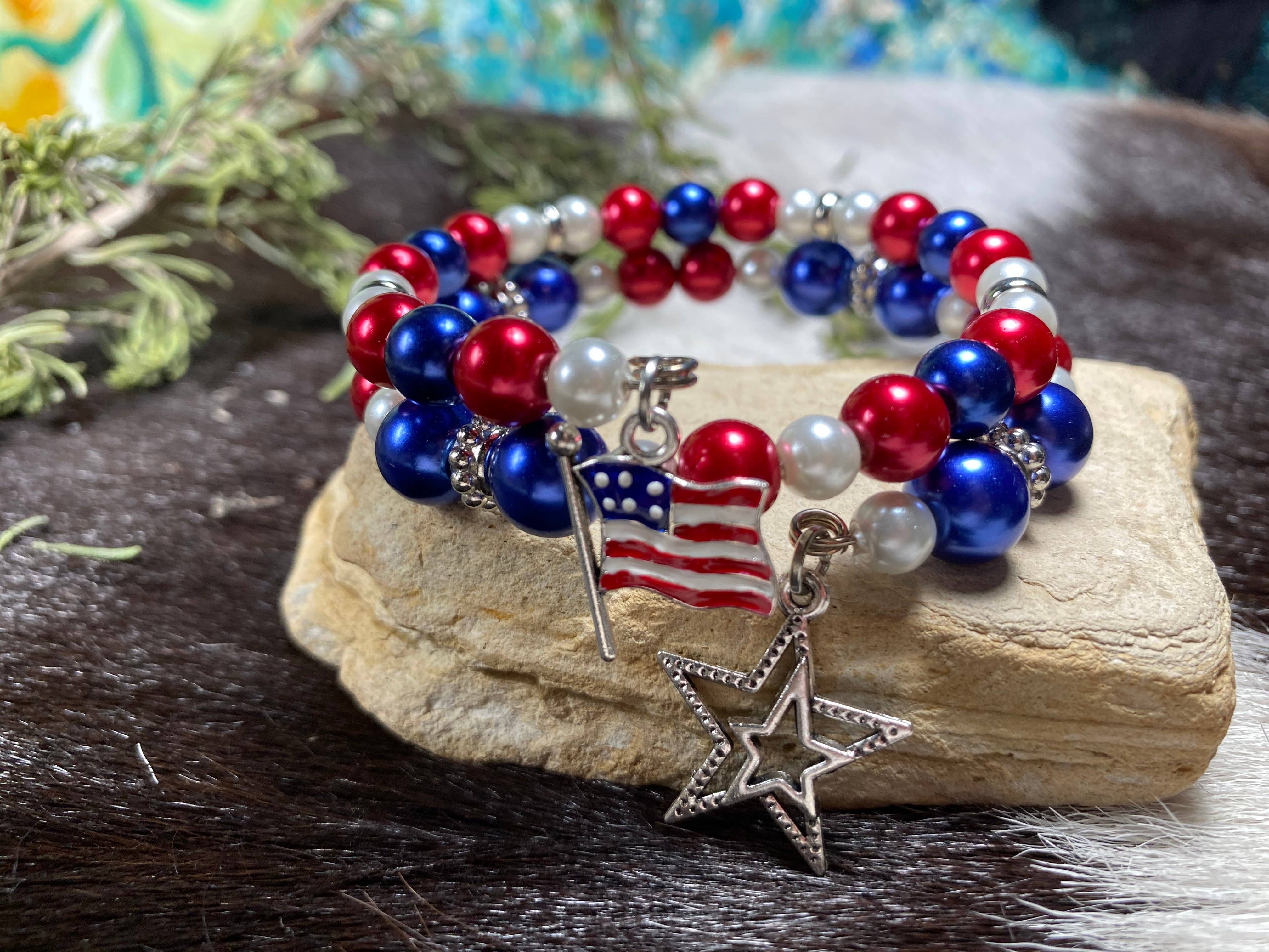 American Bangle Patriotic Flag Star Charm Coil  Bracelet