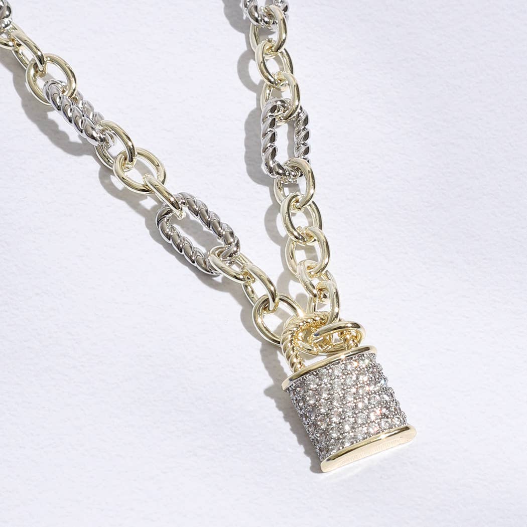 Linked Solid and Twisted Chain CZ Lock Necklace