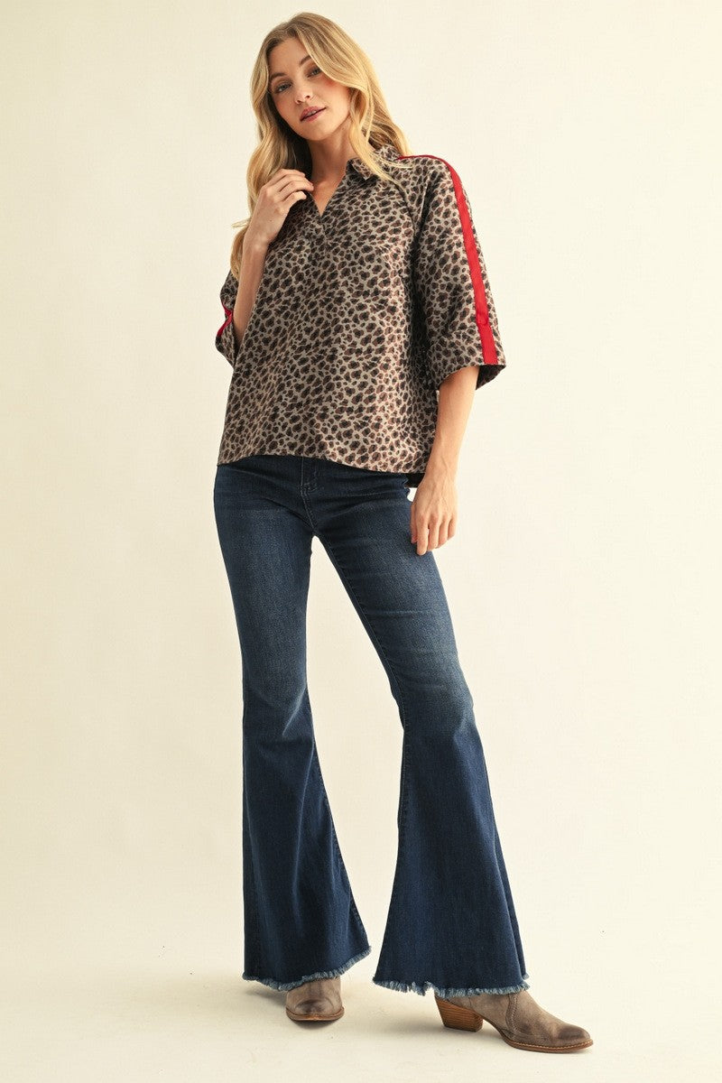 Contrast Sleeve Detail Metallic Leopard Top
