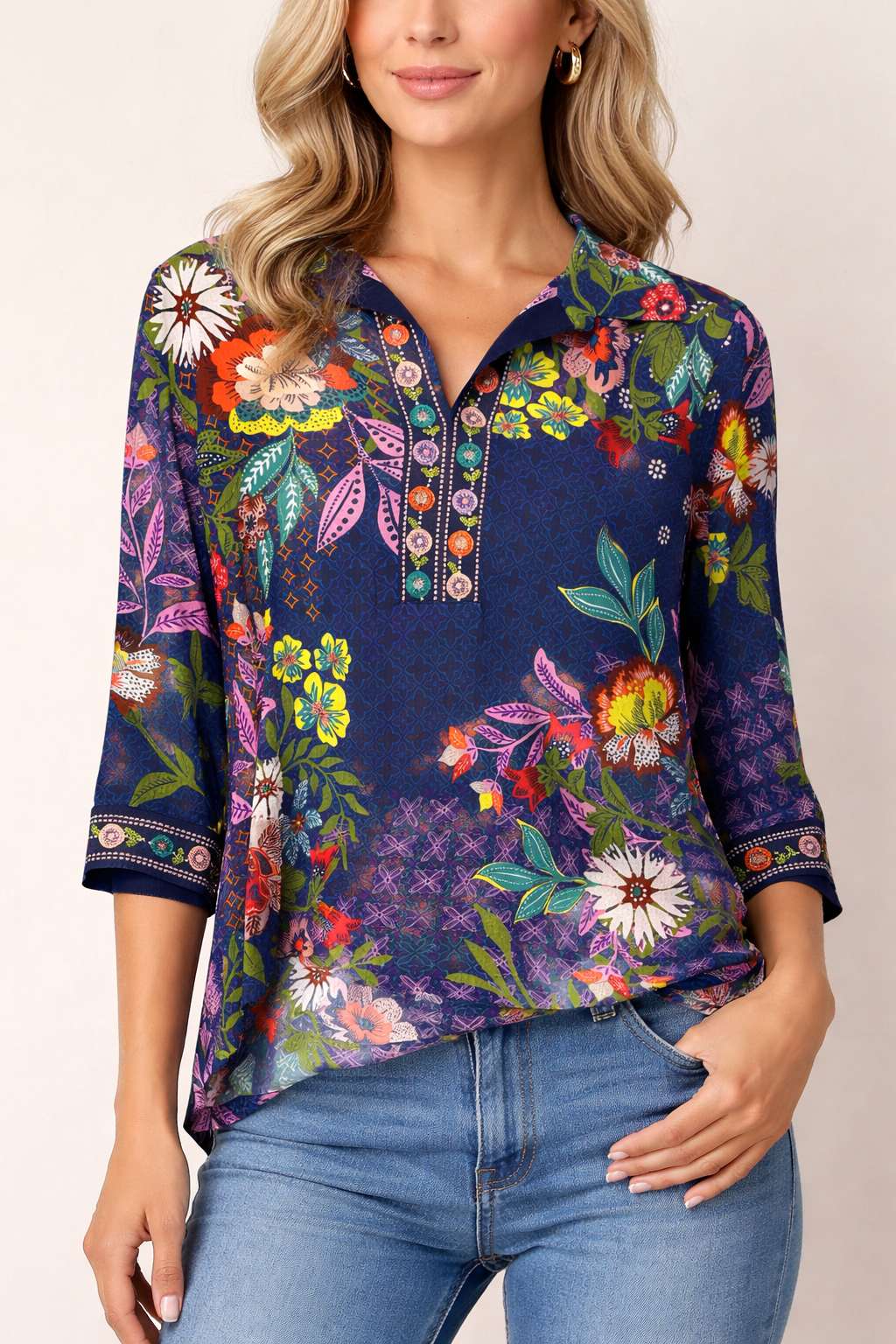 John Mark LS Embroidered Print Top