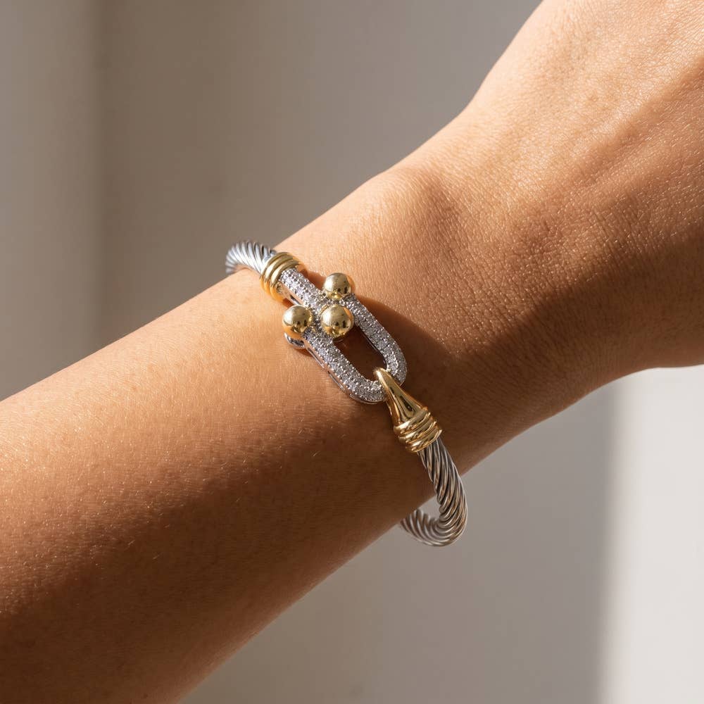 Two Tone Cable Cuff Bracelet With Cz Buckle