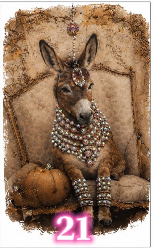 Bling tee design #21 — donkey in iridescent jeweled necklaces and headpiece seated with a pumpkin
