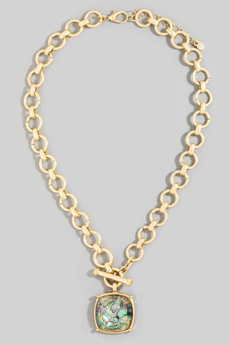 Stone Bead Circle Link Toggle Clasp Necklace