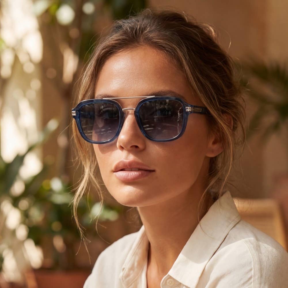 Square Double Bridge Round Metal Accent Sunglasses