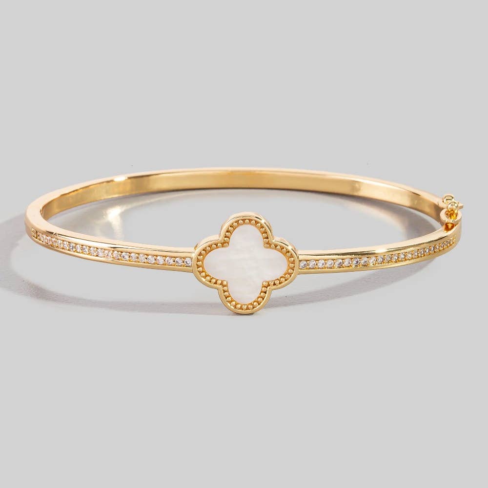 Gold Dipped Cz Mother Of Pearl Clover Hinge Bangle Bracelet