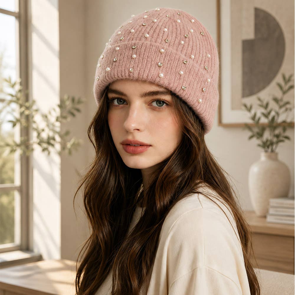Rhinestone Pearl & Crystal Cuffed Beanie