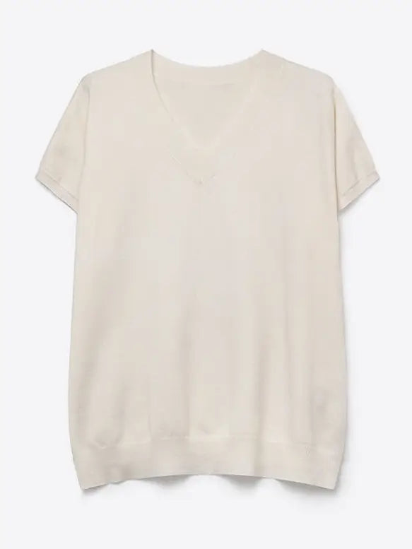 Fine-Knit V-Neck Sweater with Short Dolman Drop-Shoulder Sleeves