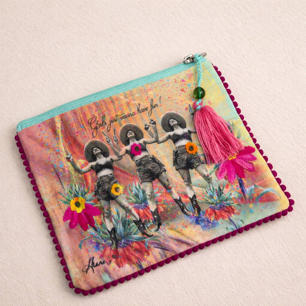 Embroidered Pom Zipper Pouch