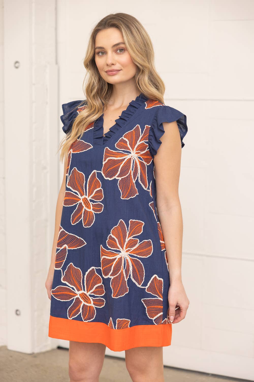Ruffled V Neck Floral Embroidered Shift Dress