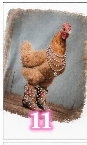 Bling tee design #11 — chicken wearing pearl necklaces and floral cowboy boots