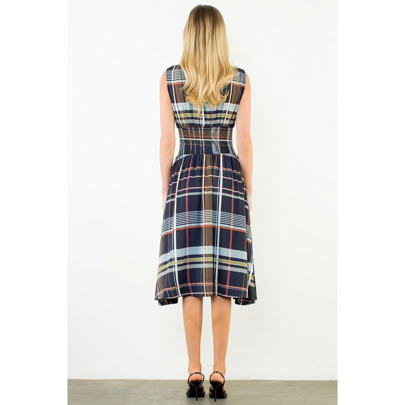 Navy Plaid Zipper Front Midi Dress