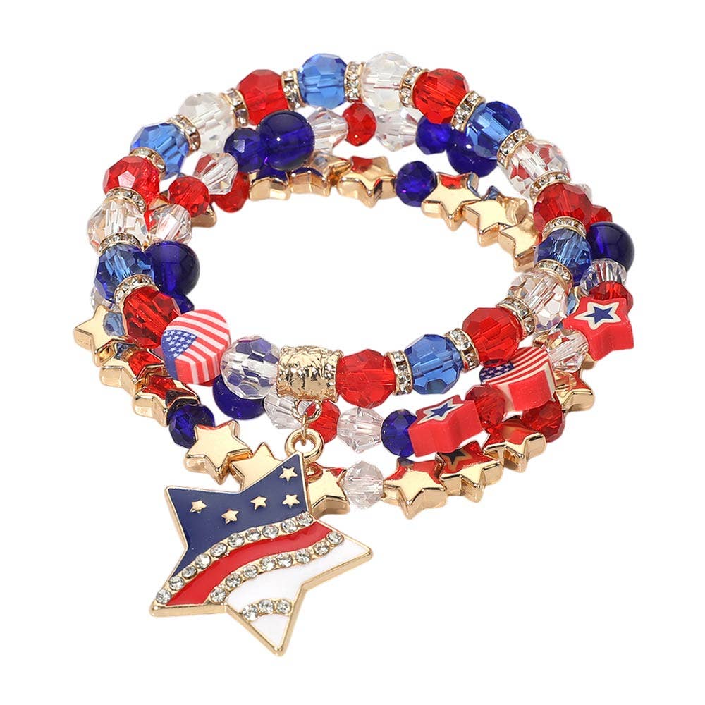 3PCS - American USA Star Charm Faceted Beaded Stretch Multi Layered Bracelets
