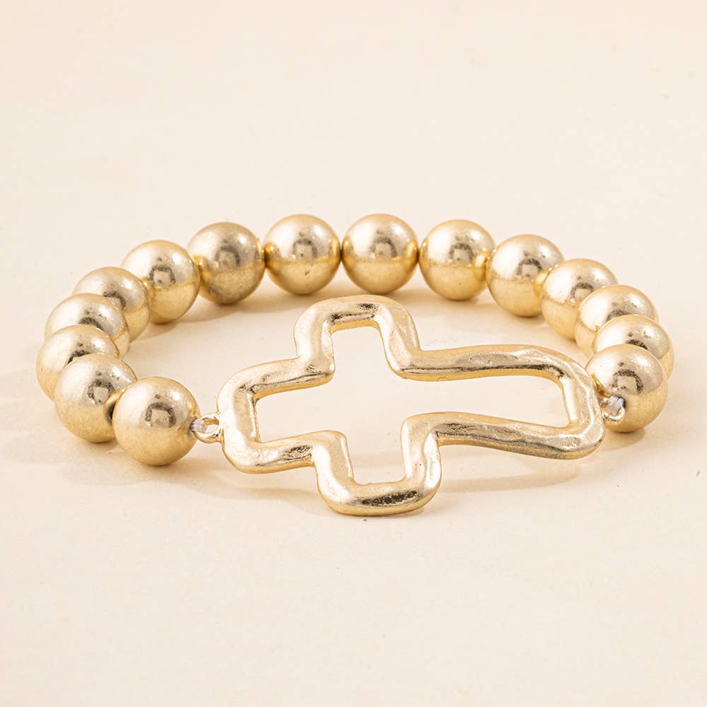 Hammered Open Cross Ball Bead Stretch Bracelet