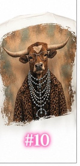 Bling tee design #10 — longhorn steer in glasses, pearls, and a leopard-print coat