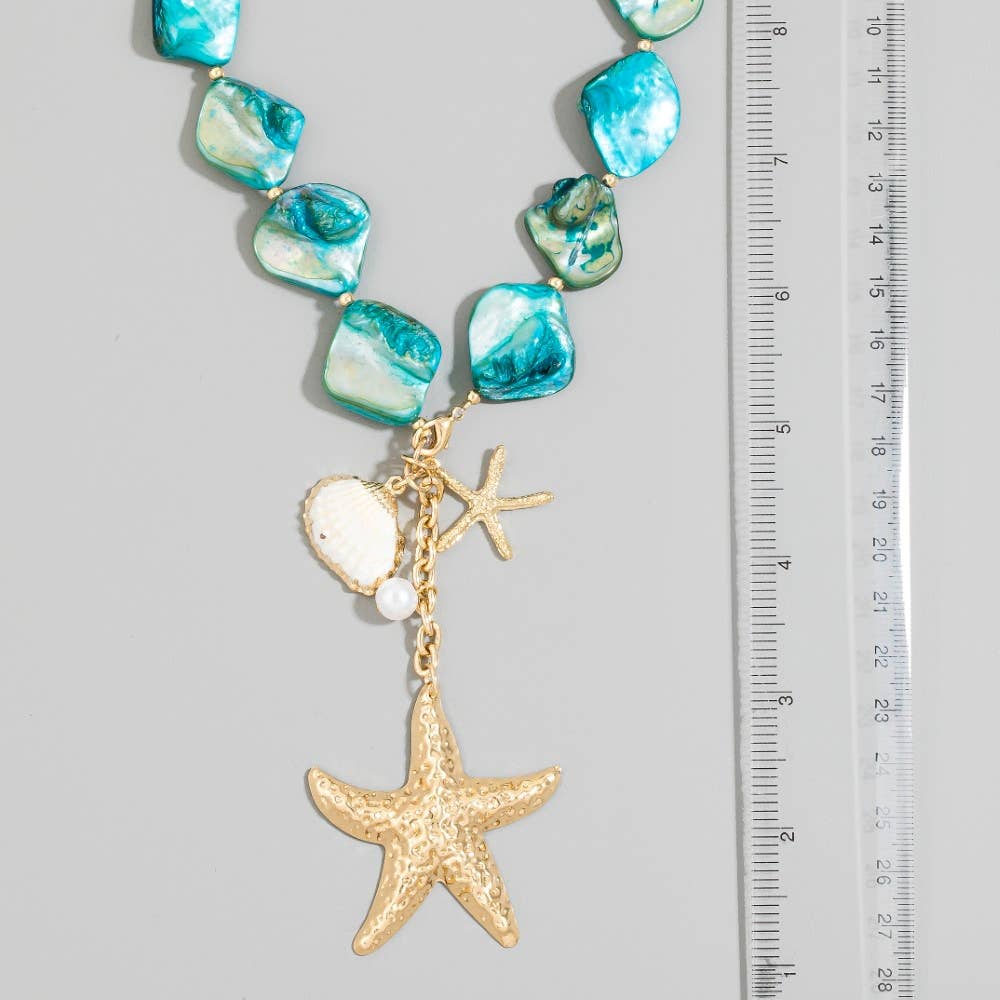 Gold Starfish & Sea Charm Drop Shell Stone Necklace