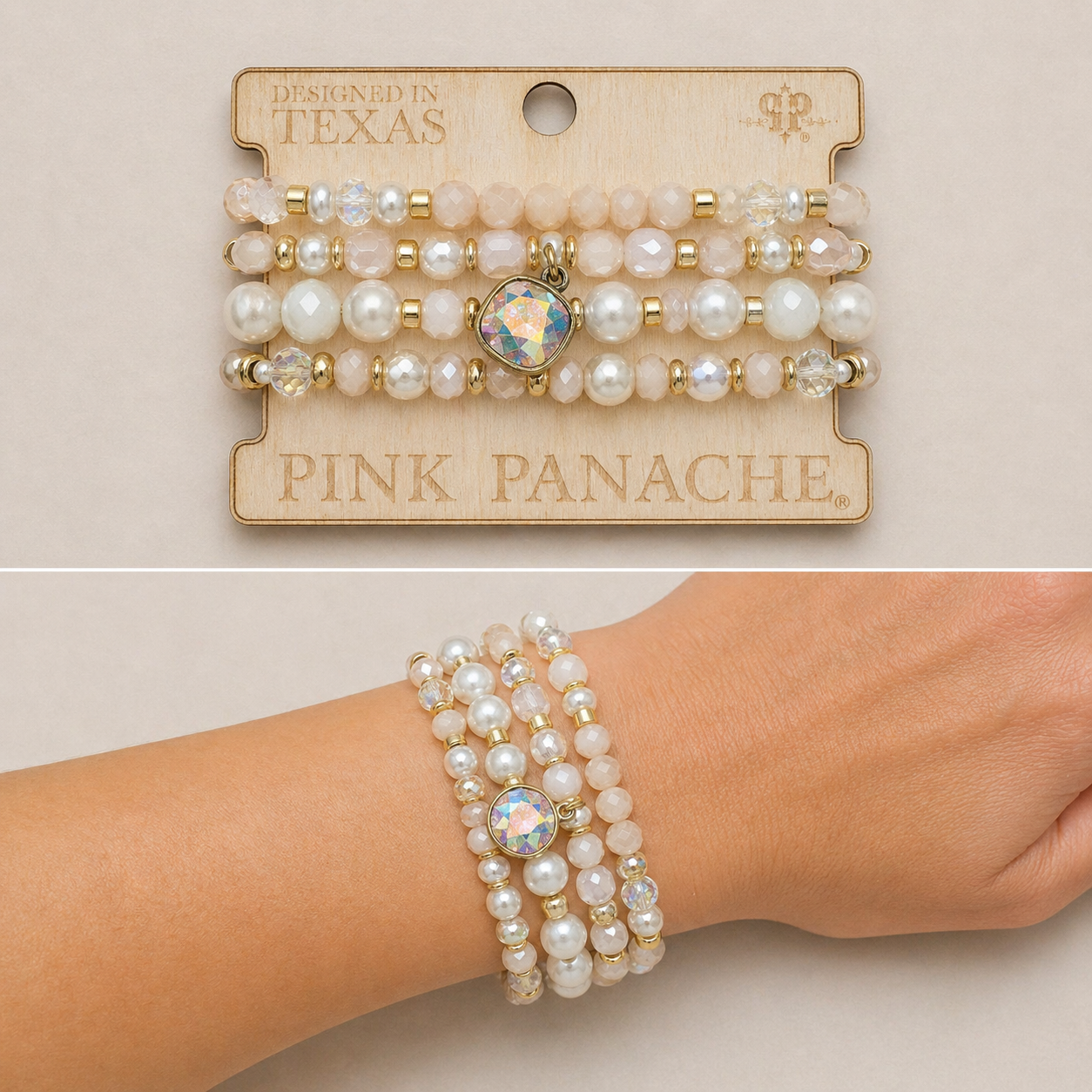 White Pearl, Glass & Gold Bead Bracelet Stack