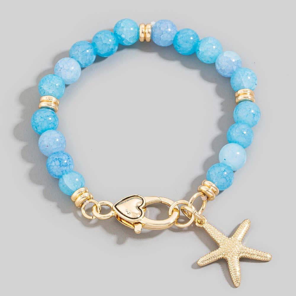 Blue Starfish Charm And Heart Clasp Glass Beaded Bracelet
