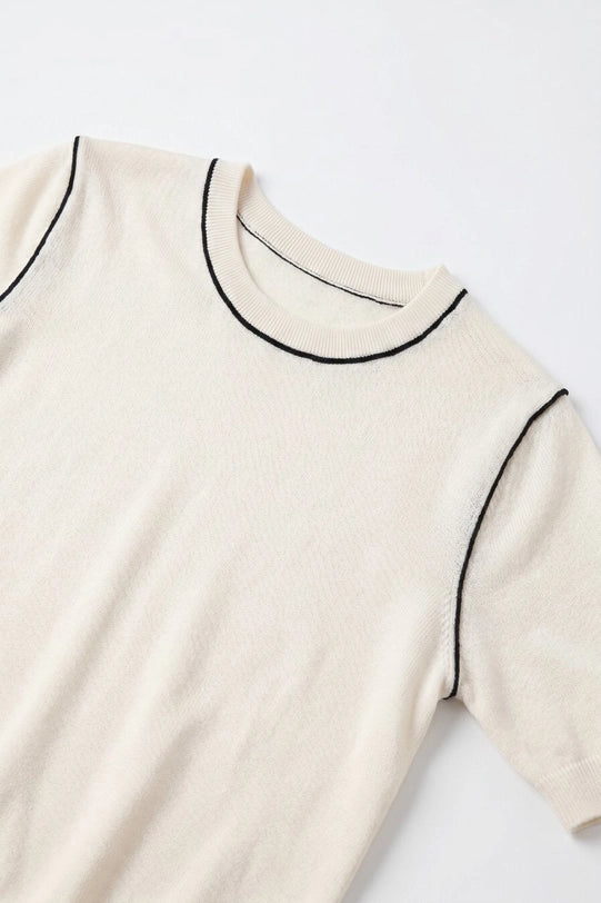 Cream Fine Knit Contrast Seam Regular Fit Short Sleeve Sweater