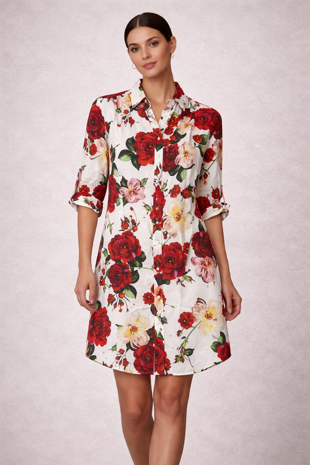 Red Roses Button Front Shirt Dress