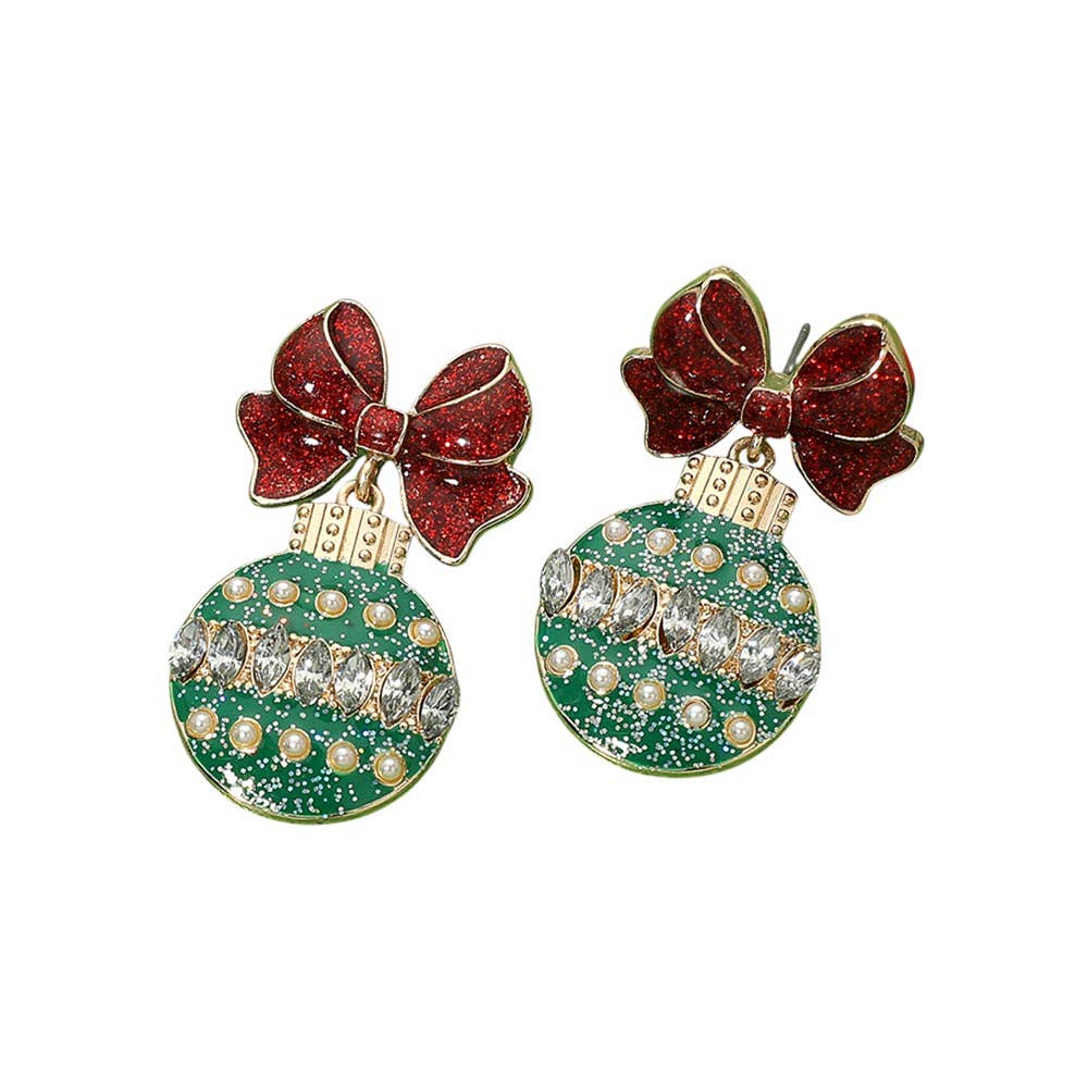 Christmas Ornament Bow Charm Drop Dangle Earrings